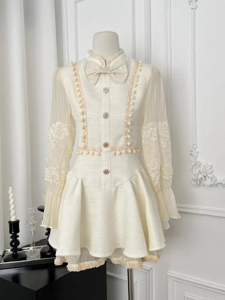 French Retro Women Beige Patchwork Lace Bow Button Slim Mini Dress Autumn Winter Long Sleeved High Waist Pleated Short Dress New