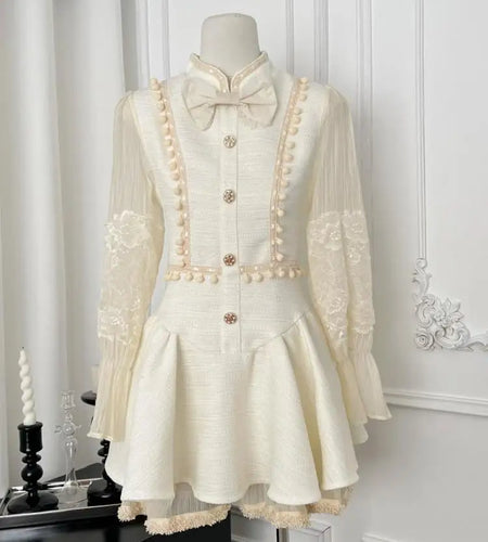 French Vintage Women Beige Patchwork Lace Bow Single Breasted Pleated Short Dress Autumn Long Sleeve Princess Party Dress Trendy