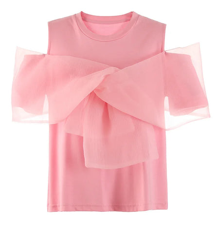 Women pink Color Mesh Bow Off Shoulder Elegant T-shirt New Round Neck Short Sleeve Fashion Tide Spring Summer 2025 1DF8193