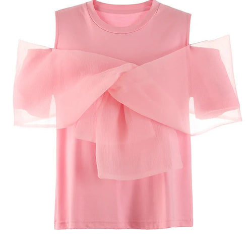 Load image into Gallery viewer, Women pink Color Mesh Bow Off Shoulder Elegant T-shirt New Round Neck Short Sleeve Fashion Tide Spring Summer 2025 1DF8193
