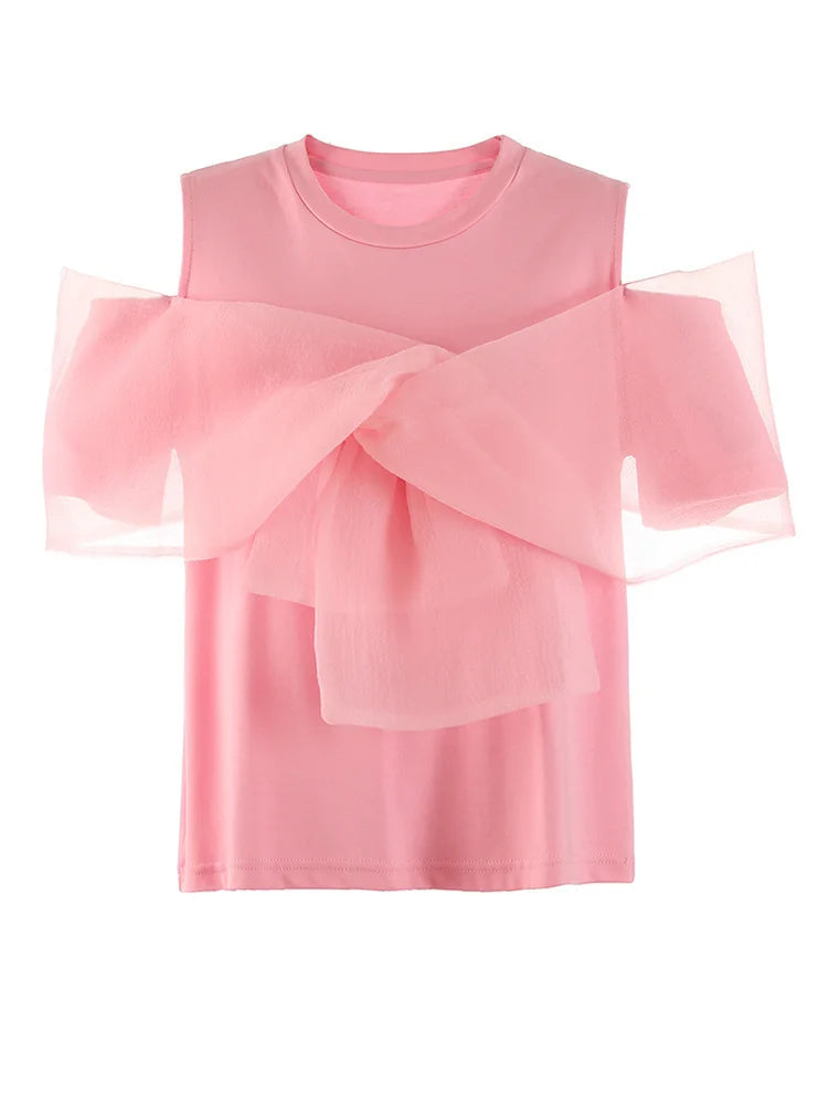 Women pink Color Mesh Bow Off Shoulder Elegant T-shirt New Round Neck Short Sleeve Fashion Tide Spring Summer 2025 1DF8193