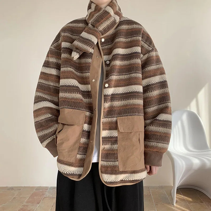 Striped Jacket Scarf Big Pocket  Thickening Round Neck Button Contrast Color Fall Winter 2024 Casual Men's Top 9C8749
