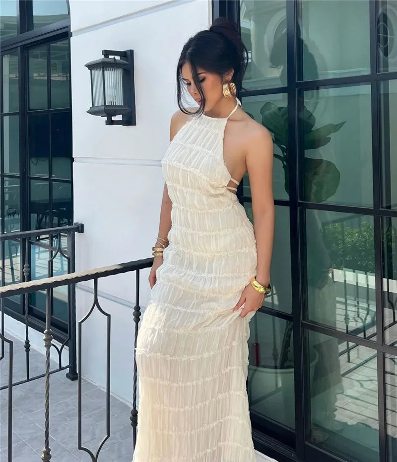 Halter Backless Sexy Maxi Dress For Women Spring Summer New Lace-up Sleeveless Pleated Beach Holiday Long Dress Elegant