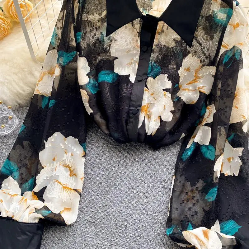 Fashion Print Shirt or Women Long Sleeve Turn Down Collar Korean Fashion Blouse Laides Vintage Button Up Casual Top