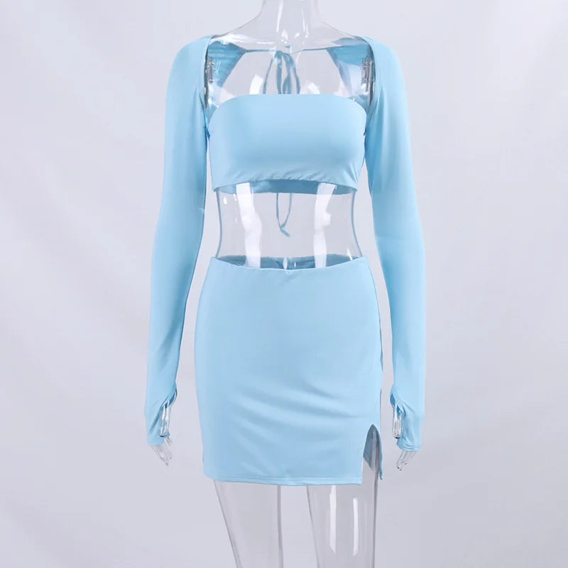 Sexy Dress Set Women White Square Collar Full Sleeve Crop Top And Mini Skirt Matching Sets Ladies Party Two Piece Set