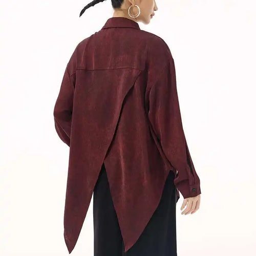 Load image into Gallery viewer, Women Red Irregular Hem Back Slit Big Size Blouse New Lapel Long Sleeve Shirt Fashion Tide Spring Autumn 2025 1DH9230
