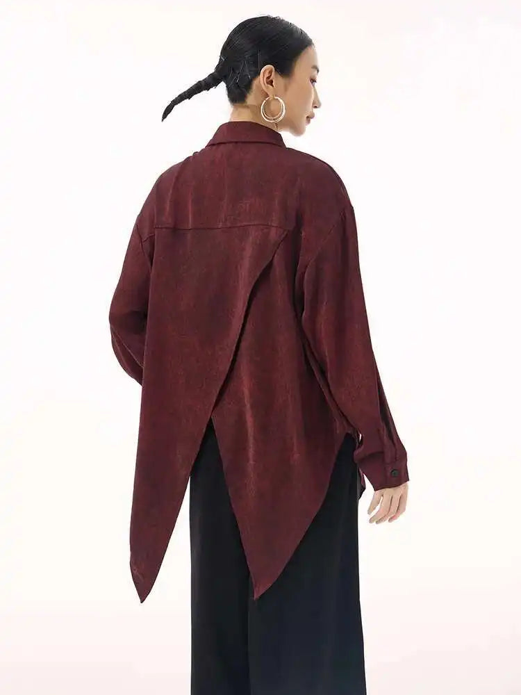 Women Red Irregular Hem Back Slit Big Size Blouse New Lapel Long Sleeve Shirt Fashion Tide Spring Autumn 2025 1DH9230