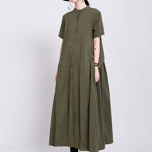 Load image into Gallery viewer, Women Army Green Pleated Elegant Long Shirt Dress New Stand Collar Short Sleeve Fashion Tide Spring Summer 2025 1DE8985
