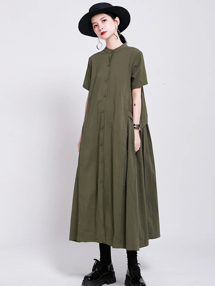 Women Army Green Pleated Elegant Long Shirt Dress New Stand Collar Short Sleeve Fashion Tide Spring Summer 2025 1DE8985