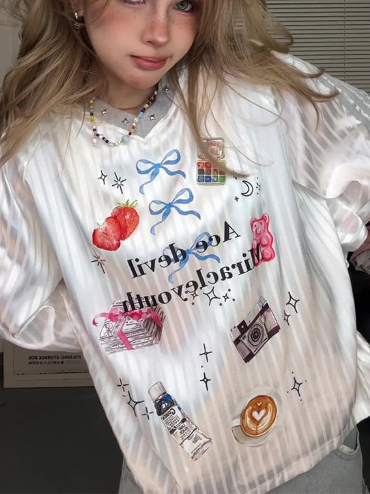 Oversized Printing Grunge T-shirt Women Y2k Aesthetics Rivet  Casual Tops Harajuku Fairycore 00s E-girl Cute Tshirt Fairy Tees