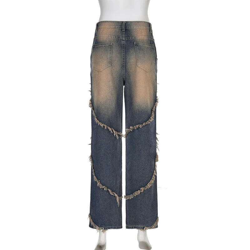 Fairycore y2k Stitched Burr Women Jeans Streetwear Vintage Distressed Denim Pants Washed Grunge Baggy Trousers Design