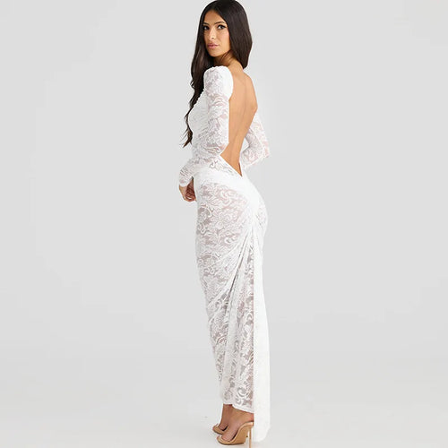Load image into Gallery viewer, Lace Backless Sexy Maxi Dress For Women Gown Fashion Solid O Neck Long Sleeve Ruched Bodycon Club Long Dress Vestido
