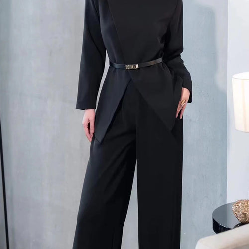 Load image into Gallery viewer, Solid Slim Two Piece Set For Women O Neck Long Sleeve Coat High Waist Chic Pant Elegant Sets Female Fashion Style
