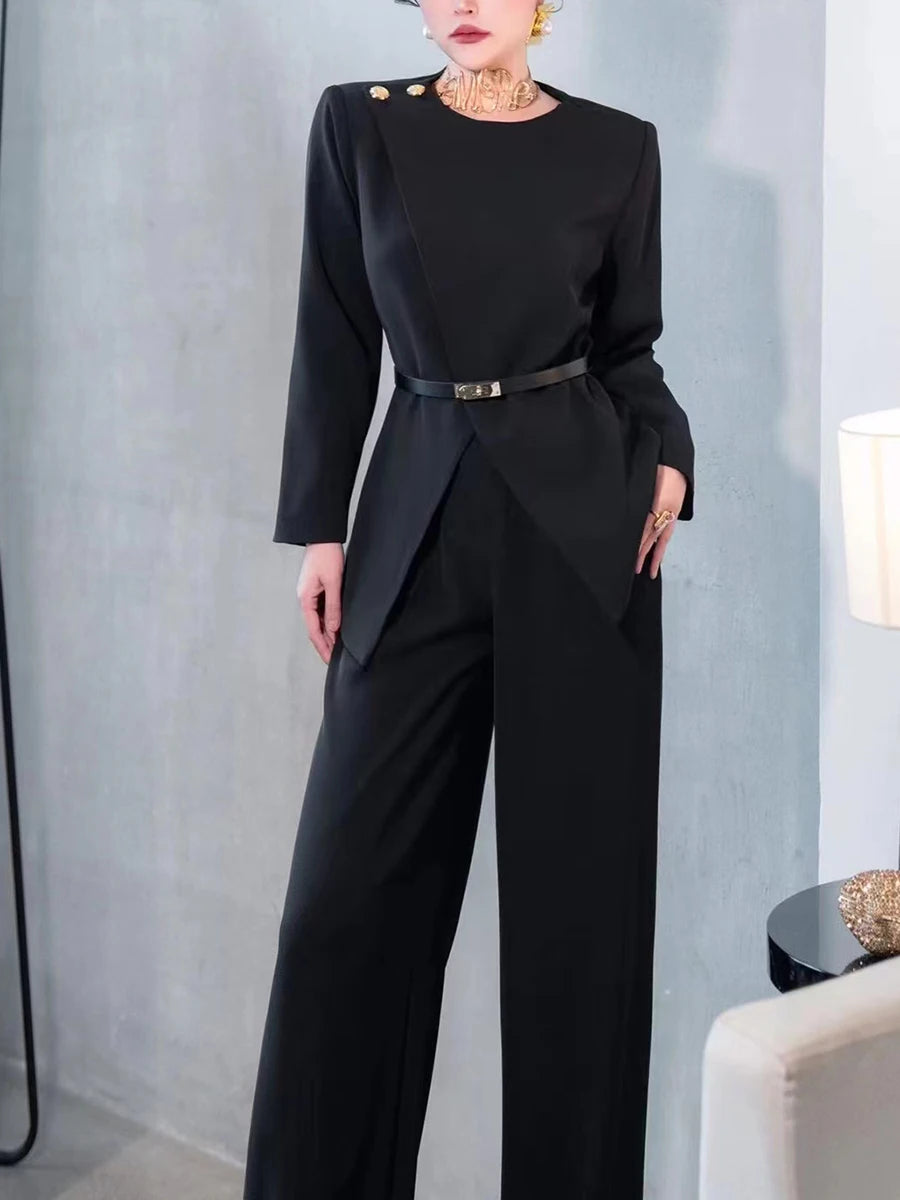 Solid Slim Two Piece Set For Women O Neck Long Sleeve Coat High Waist Chic Pant Elegant Sets Female Fashion Style