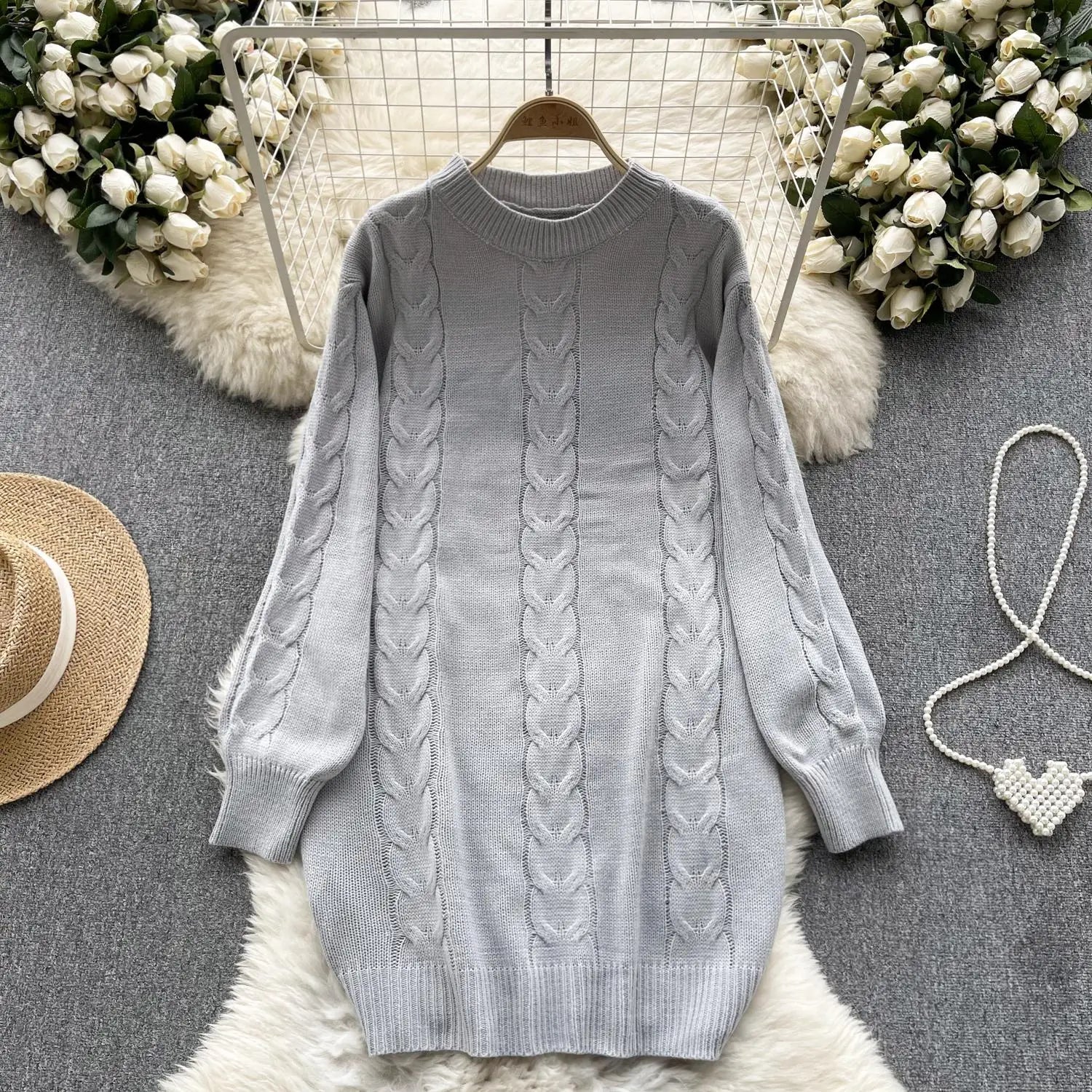 Retro Women Solid Round Neck Medium Length Sweater Autumn Winter Long Sleeve Loose Knitted Pullover Tops Casual Trend Simplicity