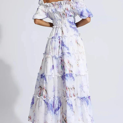 Load image into Gallery viewer, Elegant Floral Printing Dresses For Women Slash Neck Off Shoulder Puff Sleeve High Waist Spliced Ruffles Casual Dress Female
