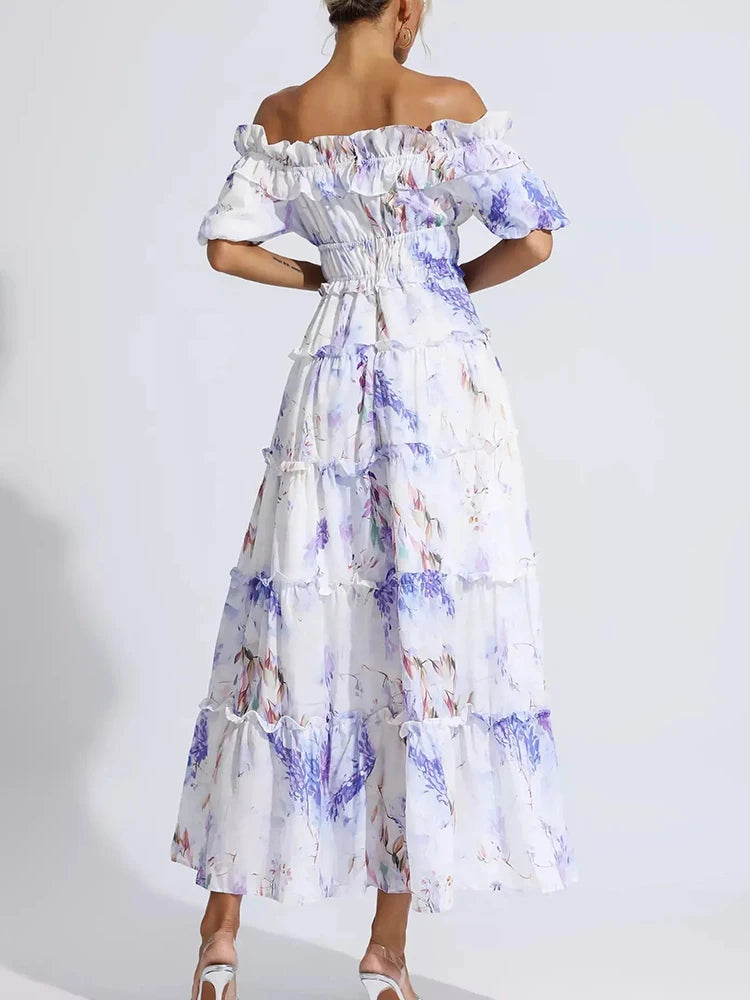 Elegant Floral Printing Dresses For Women Slash Neck Off Shoulder Puff Sleeve High Waist Spliced Ruffles Casual Dress Female