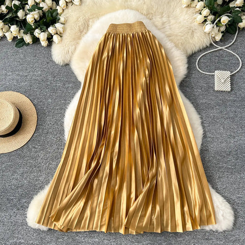 Load image into Gallery viewer, French Retro Women Fashion Solid Elegant Long Skirt Autumn Winter Elastic High Waist Popular Pleated Skirt Simplicity Streetwear
