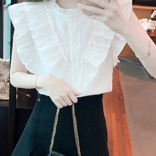 Load image into Gallery viewer, White Flying Sleeve Ruffles Women&#39;s Shirts Chic Solid Color Single Breasted Sweet Simple Female Shirt Fashion Streetwear
