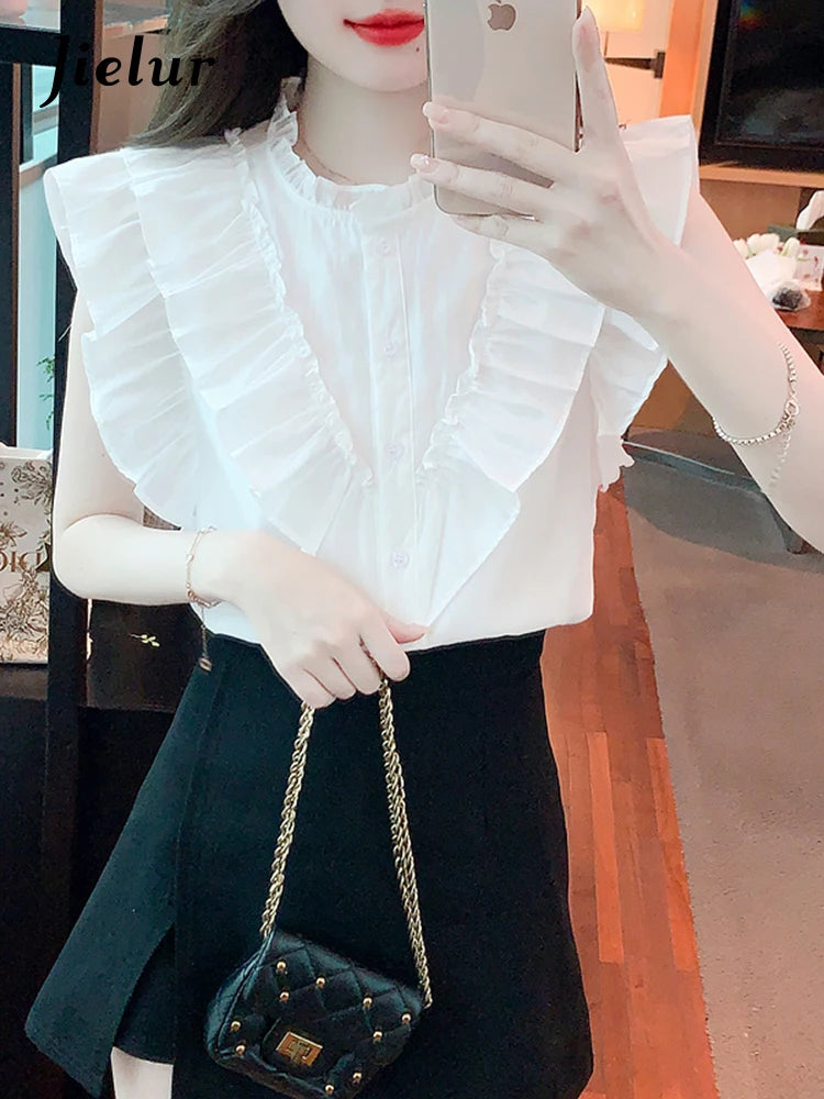 White Flying Sleeve Ruffles Women's Shirts Chic Solid Color Single Breasted Sweet Simple Female Shirt Fashion Streetwear