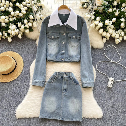 Load image into Gallery viewer, French Vintage Two Piece Set Women Blue Black Denim Patchwork Long Sleeve Single Breasted Tops And High Waist Short Skirt Spring
