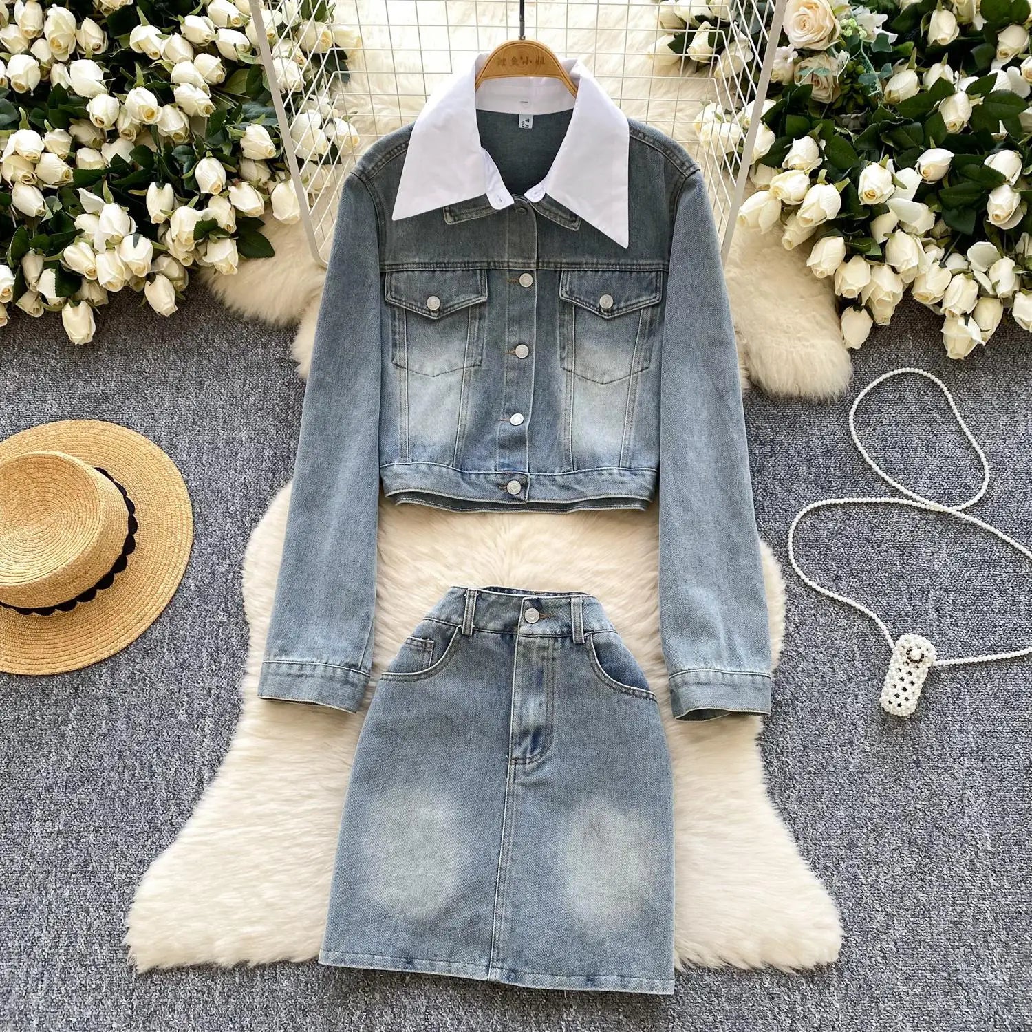 French Vintage Two Piece Set Women Blue Black Denim Patchwork Long Sleeve Single Breasted Tops And High Waist Short Skirt Spring