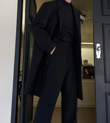 Korean Style Men's Woolen Coats Lapel Design Solid Color Trendy Casual Single Breasted Male Loose Spring Tops 9W1849