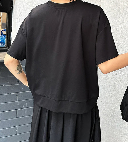 Women Black Irregular Spliced Big Size Casual T-shirt New Round Neck Short Sleeve Fashion Tide Spring Summer 2025 1DJ1297