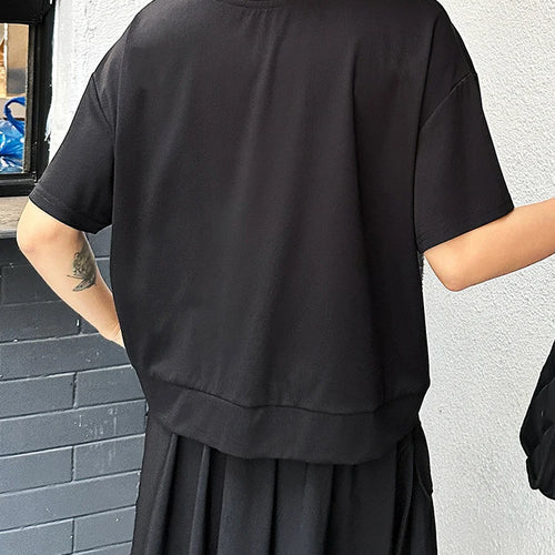 Load image into Gallery viewer, Women Black Irregular Spliced Big Size Casual T-shirt New Round Neck Short Sleeve Fashion Tide Spring Summer 2025 1DJ1297
