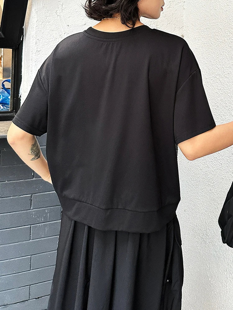 Women Black Irregular Spliced Big Size Casual T-shirt New Round Neck Short Sleeve Fashion Tide Spring Summer 2025 1DJ1297