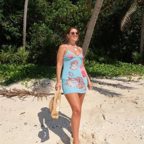 Load image into Gallery viewer, Spaghetti Strap Floral Print Mini Dress For Women Robe Summer New V Neck Sleeveless Backless Print Beach Holiday Dress
