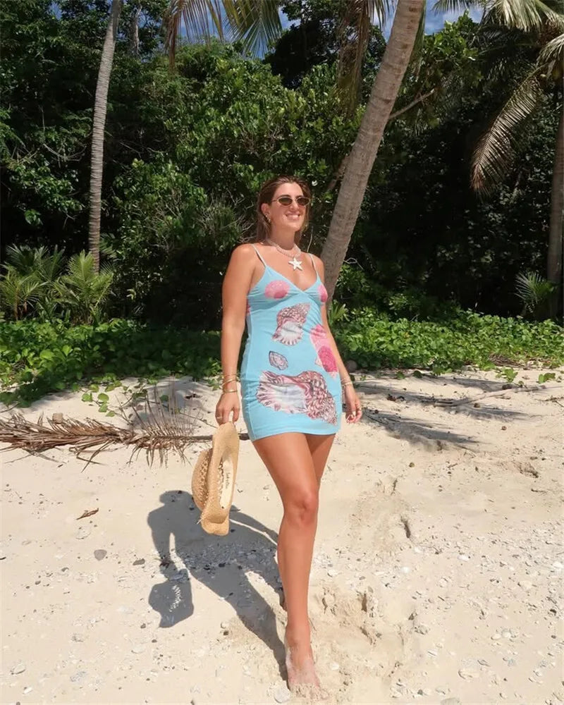 Spaghetti Strap Floral Print Mini Dress For Women Robe Summer New V Neck Sleeveless Backless Print Beach Holiday Dress