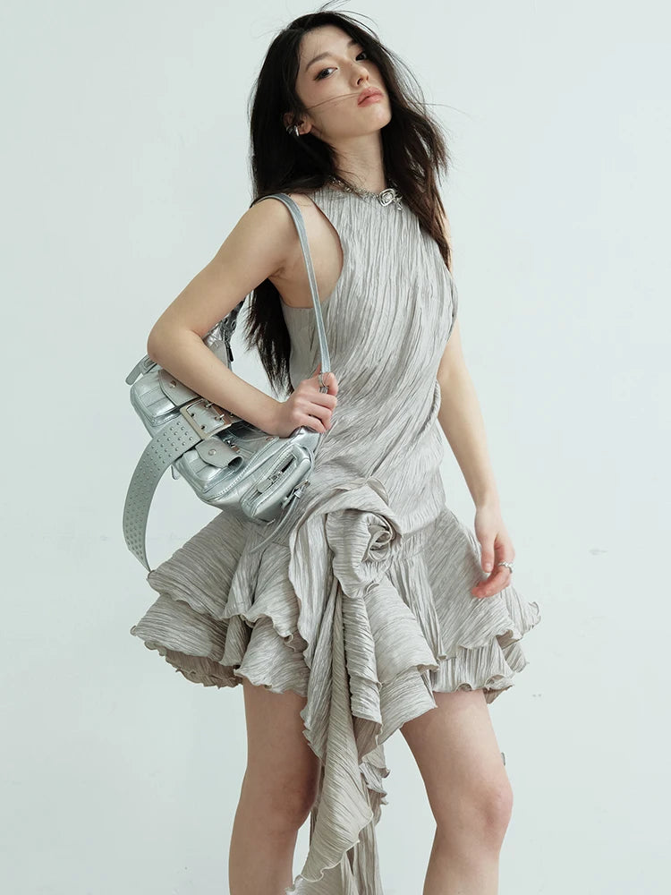 Women Gray Three-dimensional Flower Ruffles Mini Dress New Round Neck Sleeveless Fashion Tide Spring Summer 2025  1DJ0678