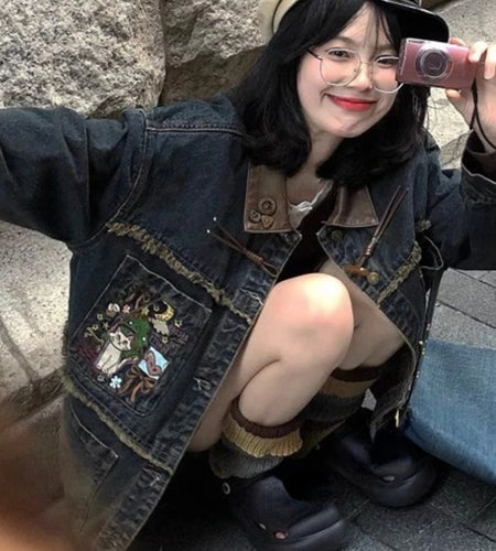 Spring Cartoon Embroidery Jean Jackets Women Zipper Y2k Aesthetic Loose Casual Tassels Coats Harajuku Single Breasted Grunge Top