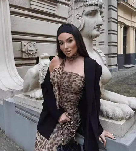 Leopard Tulle Crop Top Women Print Ruched Corset Top Woman Vintage Summer Halter Top Backless Sexy Party Tops For Women