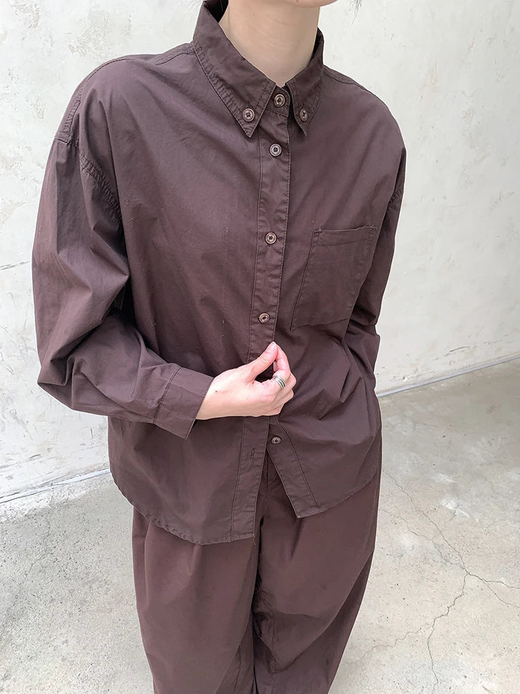 Women Coffee Brief Pocket Big Size Elegant Blouse New Lapel Long Sleeve Shirt Fashion Tide Spring Autumn 2025 1DH8367