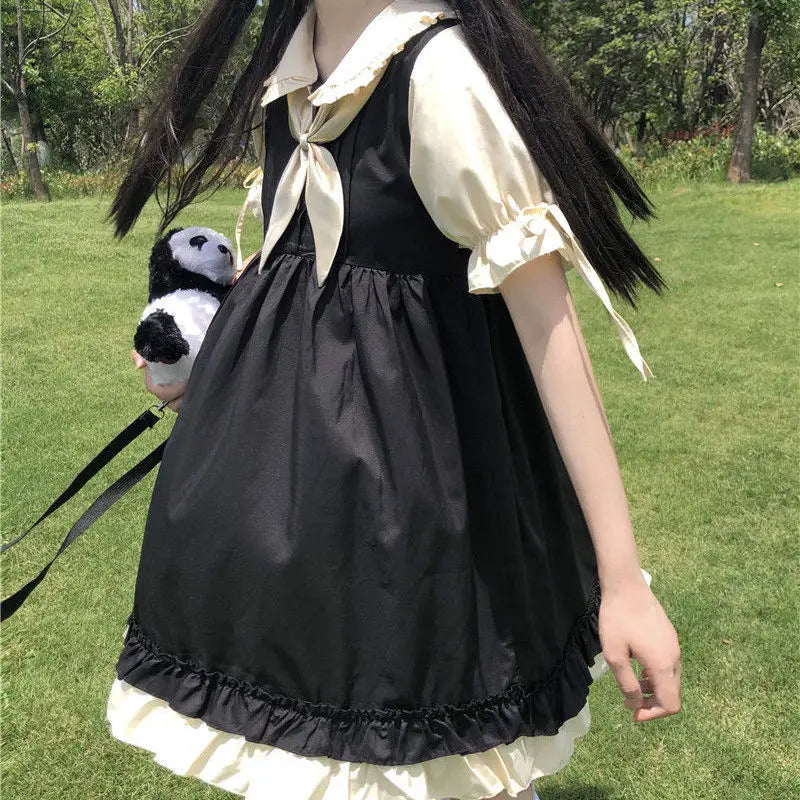 Kawaii Cute Lolita Dress Soft Girls Japanese Sweet Peter Pan Collar Ruffle Party Dresses Preppy Style Student Clothes