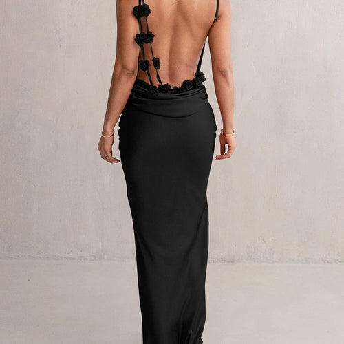 Load image into Gallery viewer, Elegant Satin Solid Slips Backless Tie Flowers Draped Sexy Slim Maxi Dress Spring Women Y2K Clothes Birthday Vacation
