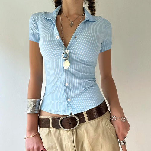 Load image into Gallery viewer, Fashion Knitted Chic Blue Stripe Women Blouse Top Buttons-Up Cardigan Slim Summer Shirts Korean Style Outfits Leisure
