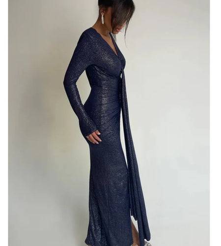 Elegant Long Sleeved Lace Up Pleated Evening Dress For Women Vneck Bodycon Elastic Maxi Dress Female Party Club Vestidos