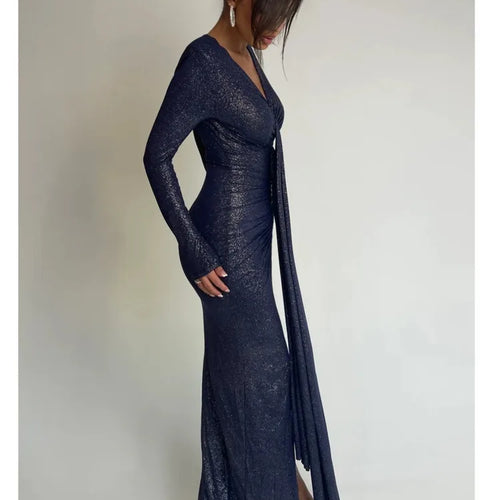 Load image into Gallery viewer, Elegant Long Sleeved Lace Up Pleated Evening Dress For Women Vneck Bodycon Elastic Maxi Dress Female Party Club Vestidos
