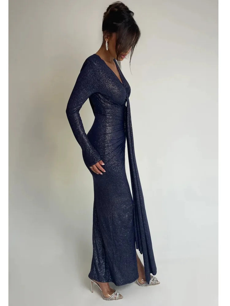 Elegant Long Sleeved Lace Up Pleated Evening Dress For Women Vneck Bodycon Elastic Maxi Dress Female Party Club Vestidos