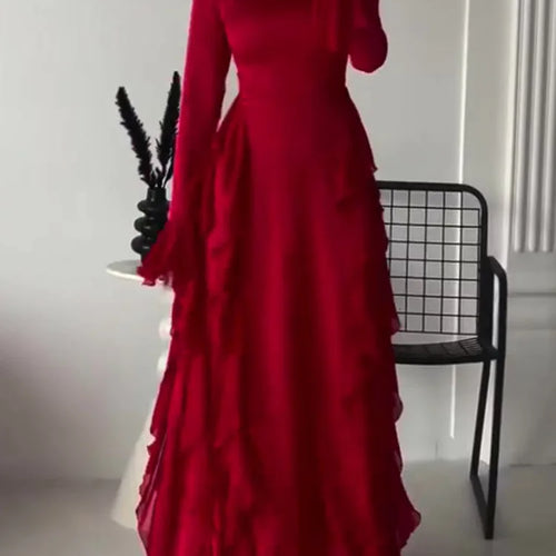 Load image into Gallery viewer, Elegant Long Sleeved Ruffled Round Neck Maxi Dress For Women's Spring New 2025 Party Club Evening Dress Slim Vestidos
