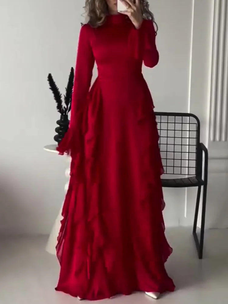 Elegant Long Sleeved Ruffled Round Neck Maxi Dress For Women's Spring New 2025 Party Club Evening Dress Slim Vestidos