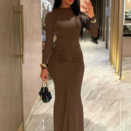 Load image into Gallery viewer, Women Elegant Solid Long Sleeve Ruched Sexy Bodycon Maxi Prom Dress Spring New Y2K Outfits Birthday Party Vacation
