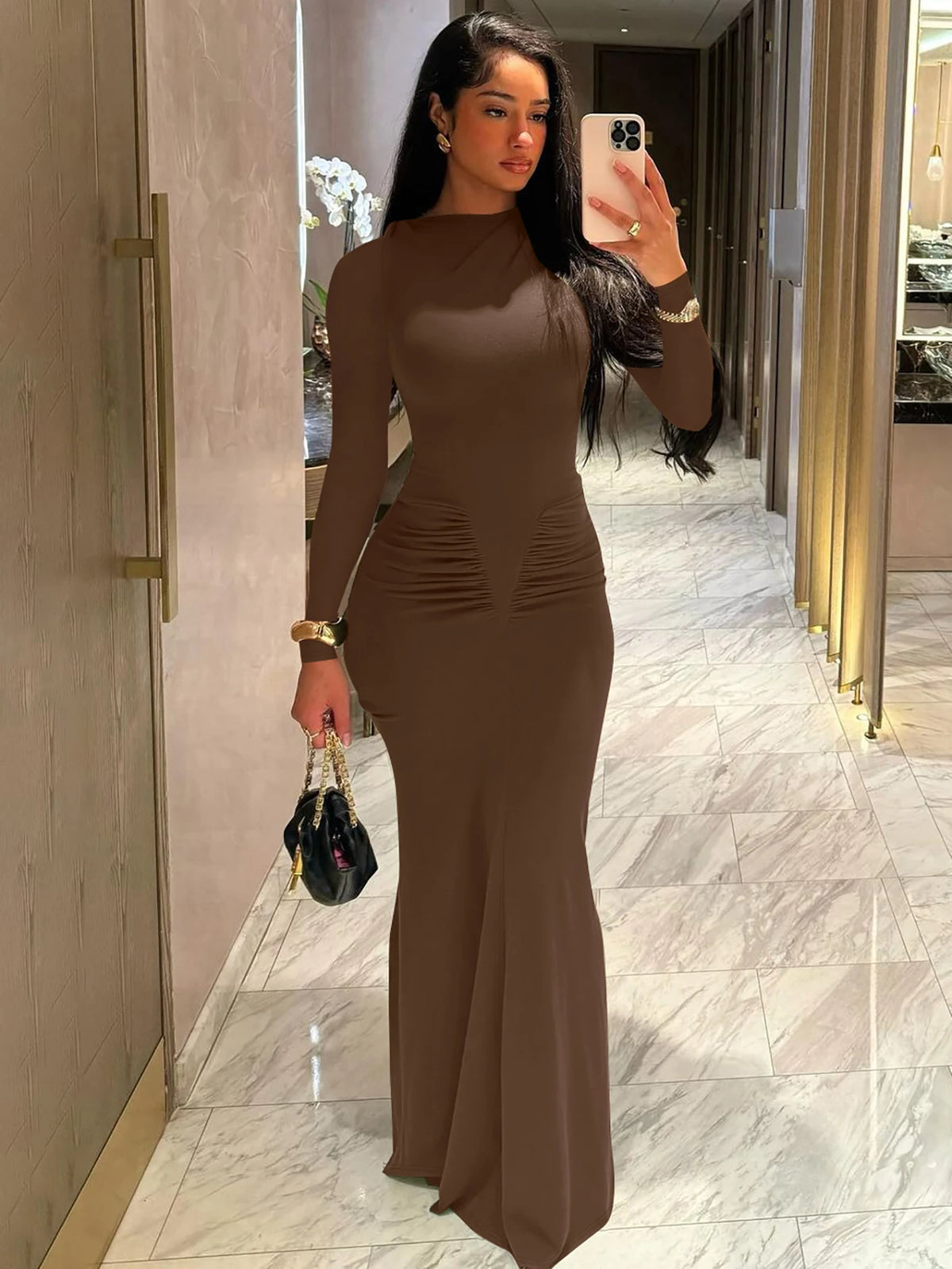 Women Elegant Solid Long Sleeve Ruched Sexy Bodycon Maxi Prom Dress Spring New Y2K Outfits Birthday Party Vacation