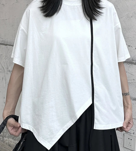 Women White Irregular Hem Color-block Big Size T-shirt New Round Neck Short Sleeve Fashion Spring Summer 2025  1DJ1677