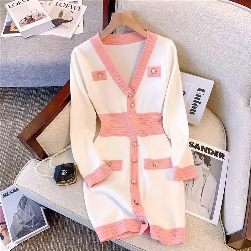 Spring French Black Temperament V Neck Long Sleeve Button Dress Women White Pink Patchwork Office Wrap Hip Knit Short Dress Chic