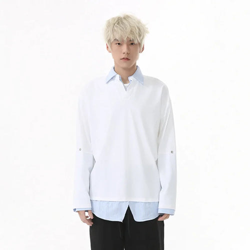 Load image into Gallery viewer, Men&#39;s T-shirts New Style Fake Two-piece Patchwork Contrast Color Splicing Lapel Long Sleeved Loose Top Summer 9W1603
