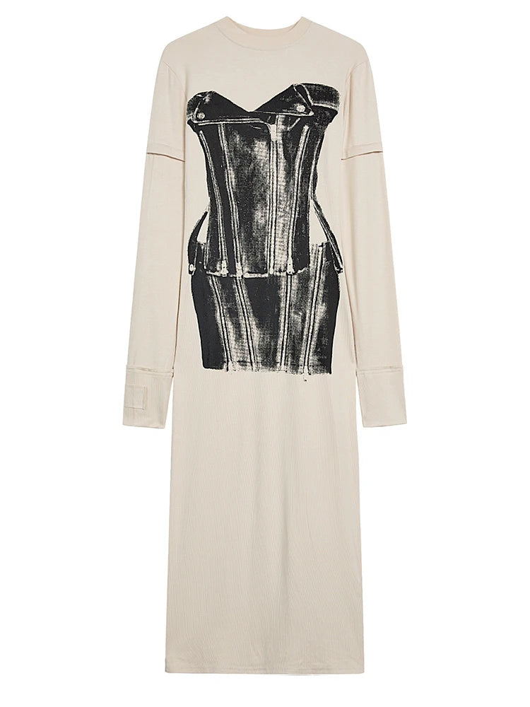 Women Apricot Print Vintage Elegant Long Knitting Dress New Round Neck Long Sleeve Fashion Spring Autumn 2025 1DH2620